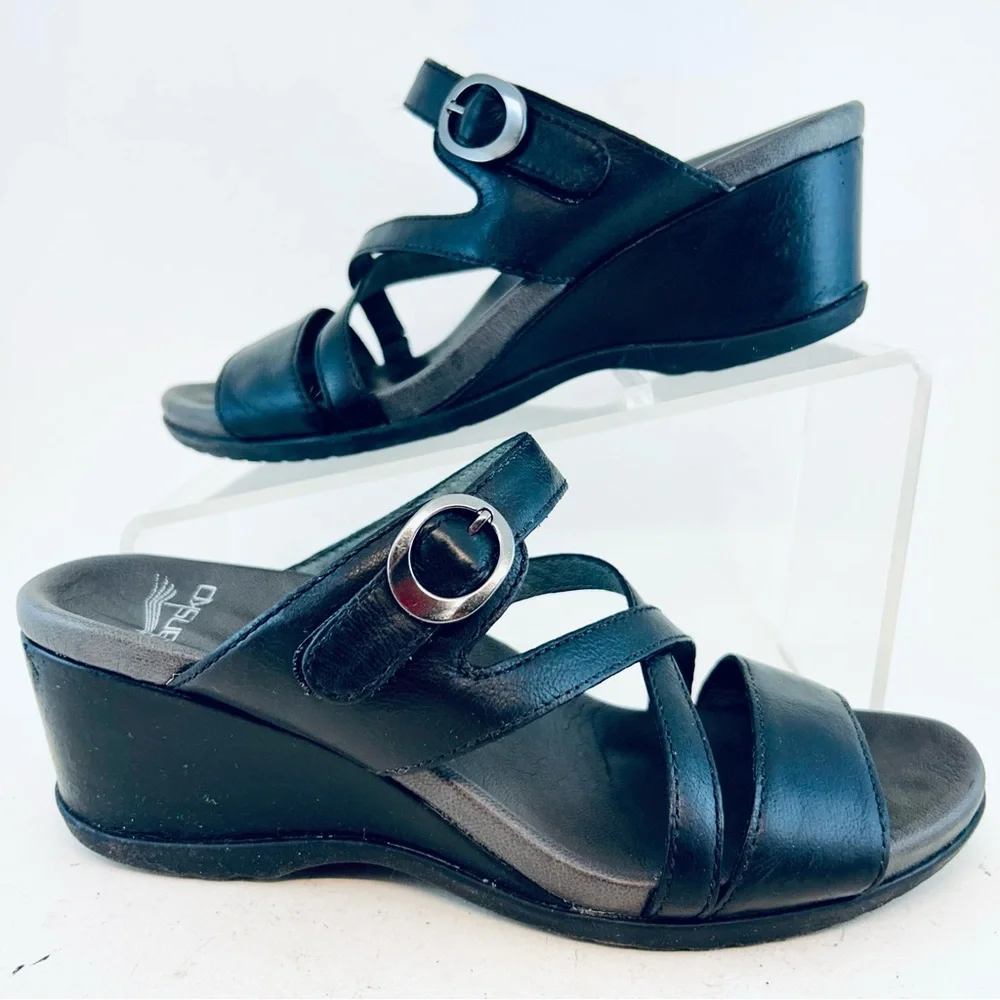 Dansko Black Leather Criss Cross Ana Wedge Sandals size 38 7.5 8 - Picture 4 of 11